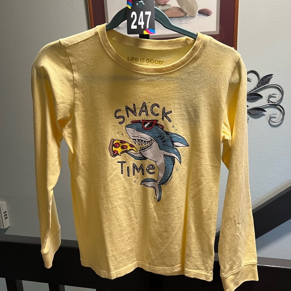 Life Is Good Kids Yellow Snack Time Shark Long Sleeve Tee NWT #247DAGO
